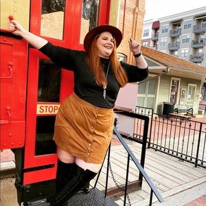 Shein Solid Suede Skirt button detail front light brown copper plus size